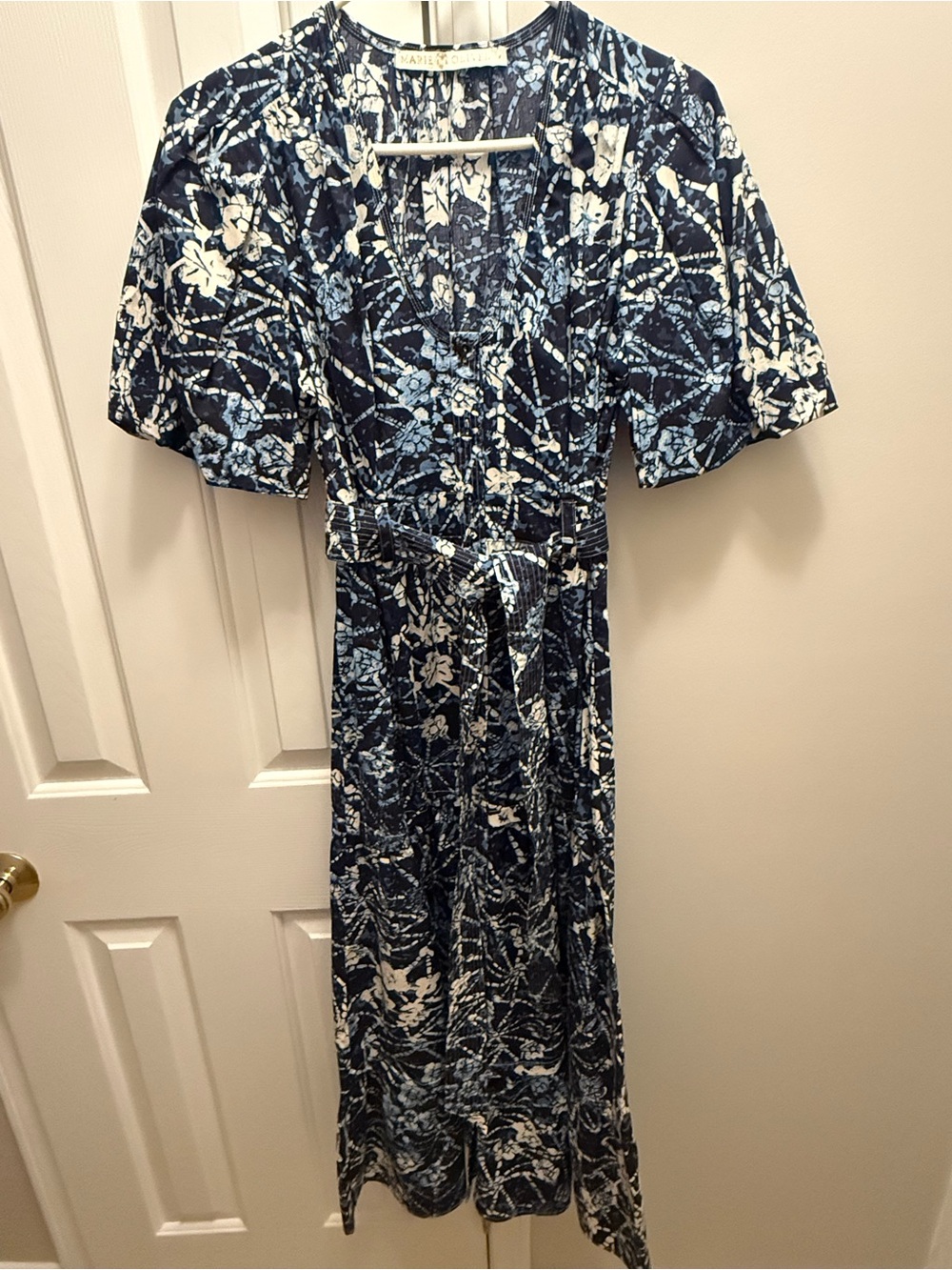 Marie Oliver Natalie Cotton Midi Dress Batik Floral Blue Size 4